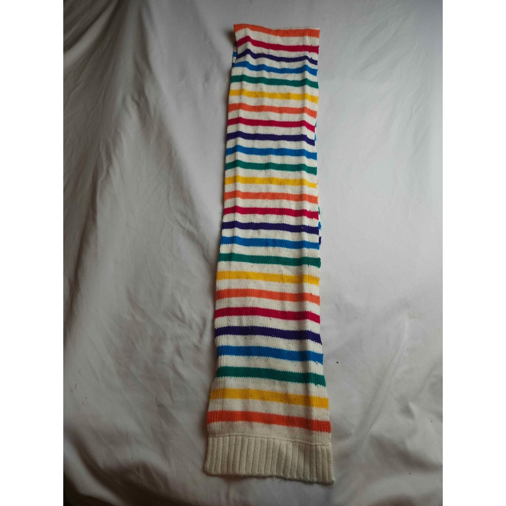 Aeropostale Rainbow Stripe Knit Scarf Multi Color White Ribbed Trim Acrylic